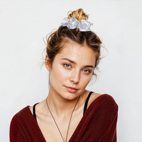 Silver Sequin Scrunchies - 2 Pack Sparkly Hair Ties for All Hair Types