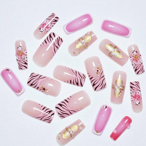 Pink Long Square Press On Nails with 3D Flower Design - 24pcs