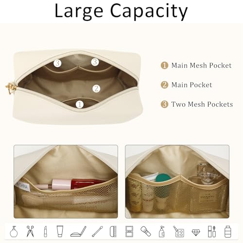 Beige Initial Makeup Bag - Personalized PU Leather Cosmetic Bag