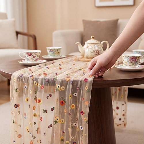 Champagne Floral Table Runner 30x120 Inch - Embroidered Daisy Tulle for Weddings & Parties