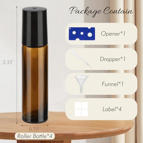 10ml Amber Essential Oil Roller Bottles - 4 Pack with Labels & Tools