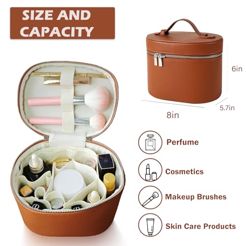 JOVOLIFE Brown Large Capacity Leather Makeup Bag with Removable Compartment