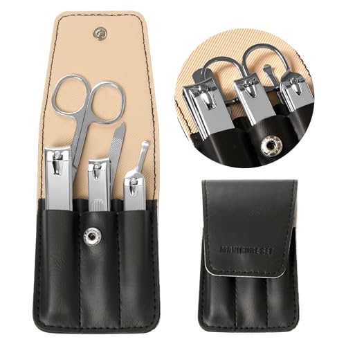Alexjuxin D-Black 6-Piece Stainless Steel Nail Clipper Set with Leather Case - Travel Manicure Pedicure Kit for Men & Women