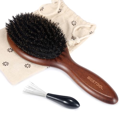 BESTOOL Boar Bristle Hair Brush - Natural Beech Wood Paddle for Smoothing