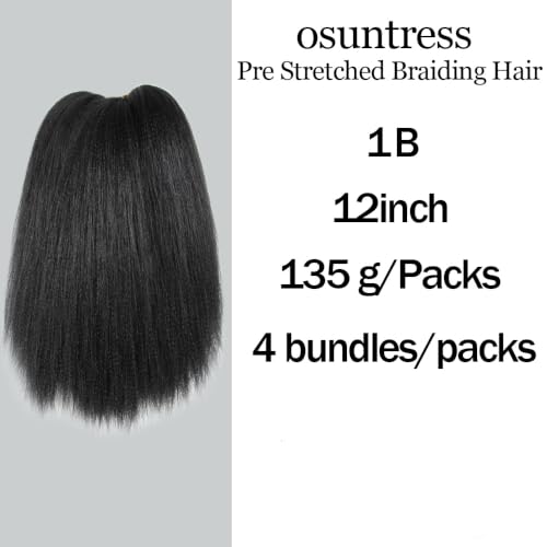 Osuntress Pre Stretched Short Fake Braiding Hair 12 Inch Pack of 4 1B Natural Black