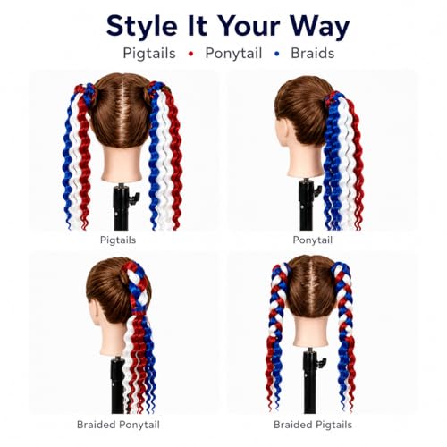 TASHEEMA Red White Blue 18 Inch Curly Ponytail Extensions 2 Pack for 4th of July & Festive Styles