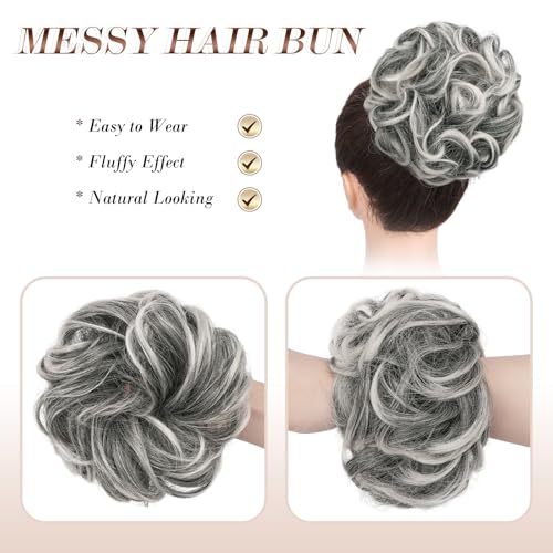 FESHFEN Large Messy Bun Hair Piece - Wavy Synthetic Chignon Scrunchies Elastic Ponytail Hair Extensions Thick Hairpieces for Women, Black Gray and White Tips 1.94oz