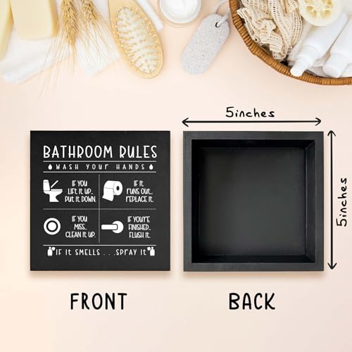 Funny Bathroom Rules Wooden Box Sign - 5x5 Rustic Home Decor