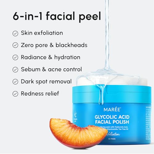 MAREE Glycolic Acid Pads - Toner Pads for Face Cleansing - Exfoliating Pad with Tea Tree Oil, Salicylic Acid & Vitamins E, B3, B5 - Facial Polishes & Peels, Skin Pore Resurfacing & Radiance - 50 Count