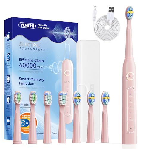 YUNCHI Pink Electric Toothbrush - 5 Modes, 40,000 VPM, 8 DuPont Heads, IPX7, 30-Day Battery, 2-Min Timer, Travel Case