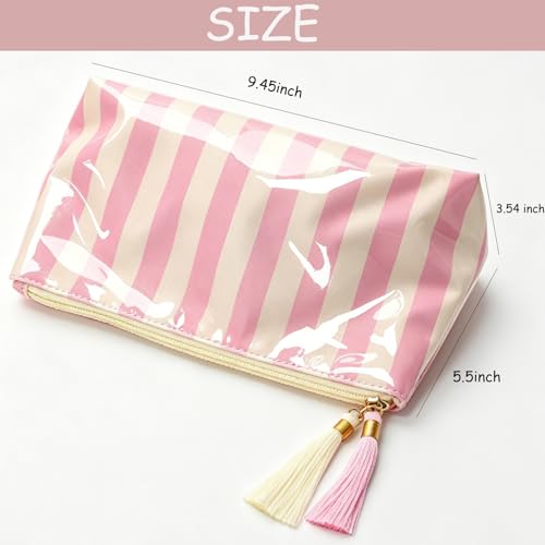 AUONY Waterproof Travel Makeup Bag - Pink & Beige Striped Cosmetic Pouch