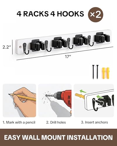 Lorbro Broom Holder Wall Mount - 2 Pack Wooden Organizer with 4 Slots & Hooks