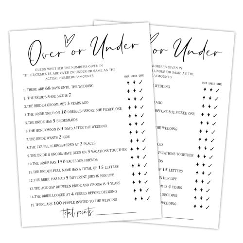 Over or Under Wedding Game Cards - 30 Pack for Bridal Showers & Engagement Parties