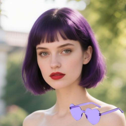 Phoenixfly Purple Short Bob Wig with Bangs - 12 Inch Synthetic Hair for Women