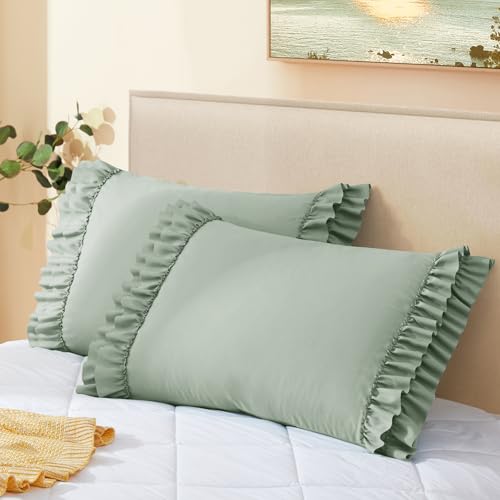 Vonty Sage Green Ruffled Pillow Cases Set of 2 - 20x26 Inch