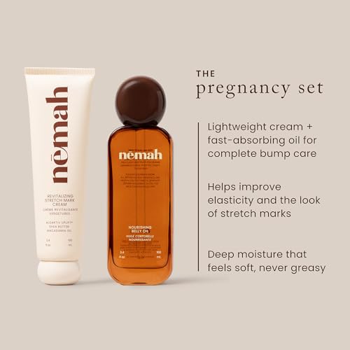 Nemah Stretch Mark Cream And Belly Oil For Pregnancy, Pregnancy Stretch Mark Routine, Algaktiv UpLift Cream With Shea Butter Macadamia Oil Plus Quick Dry Jojoba Coconut Hemisqualane Oil, 2 Piece Set