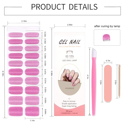WOKOTO KIT5 Shiny Pink Cat Eye Semi Cured Gel Nail Strips Full Wraps for Women