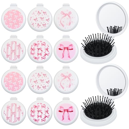 12 Pcs Pink Bow Folding Hair Brush with Mirror, Portable Travel Detangler