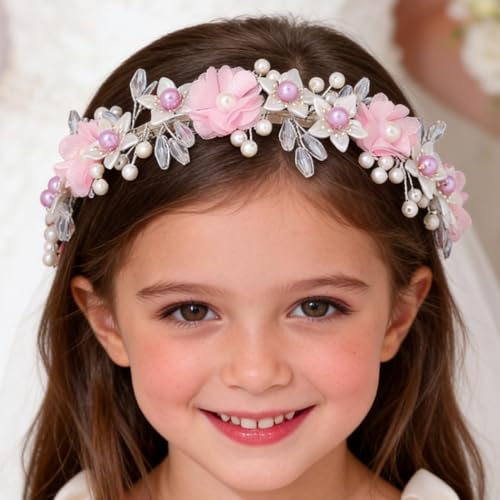 Campsis Pink Flower Headband with Pearls and Crystals for Girls & Women