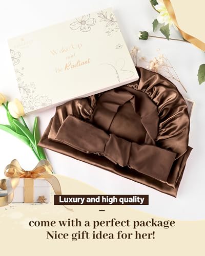 Large Brown Silk Feeling Sleep Bonnet for Long Hair & Braids - Secure Fit
