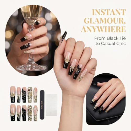 French Black Square Press-On Nails - 10 Pcs Handmade Luxury Fake Nails