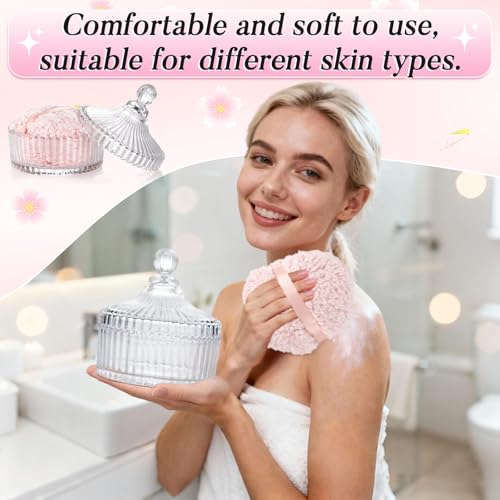 Pink & White Body Powder Puff Set with Glass Container - 6.5in