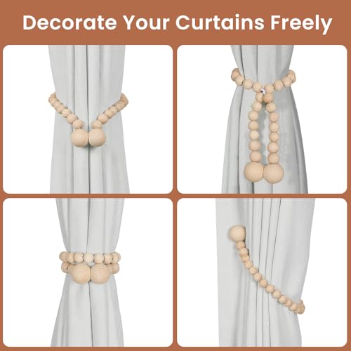 KLOGTSIND Magnetic Curtain Tiebacks - 2 Pack Wood Bead Holdbacks