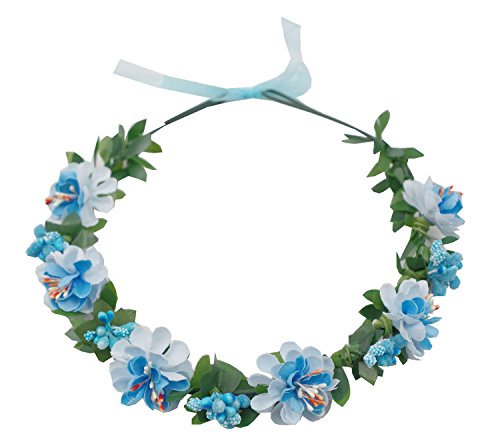 Flower Headband Crown for Wedding & Festival - Adjustable Ribbon, Blue