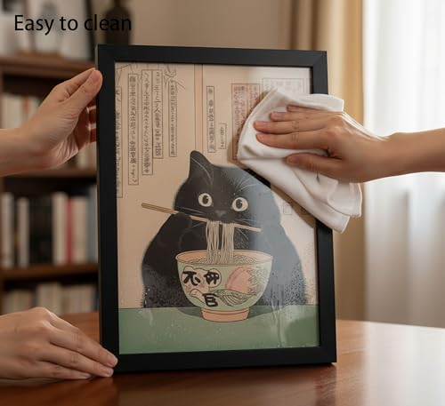 Framed Black Cat Canvas Wall Art - Whimsical Ramen Painting 10x8in