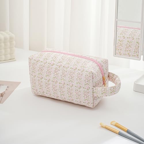 Pink Floral Travel Makeup Bag for Women Girls with Handle - Large Capacity, Durable Cosmetic Organizer