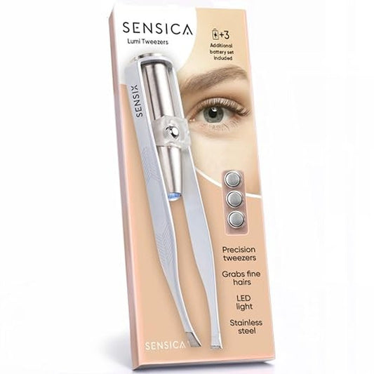 Sensica Eyebrow Tweezers with Light ? LED Lighted Tweezers for Women Facial Hair ? Precision Eyebrow Plucking Slant Tip Stainless Steel Tweezer with Long Arms & 3 Extra Batteries