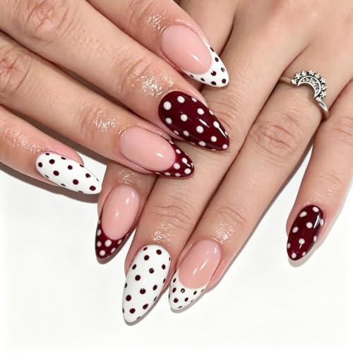 Tiwnefua 144Pcs 6 Styles Polka Dot Press On Nails Medium Almond French Tip