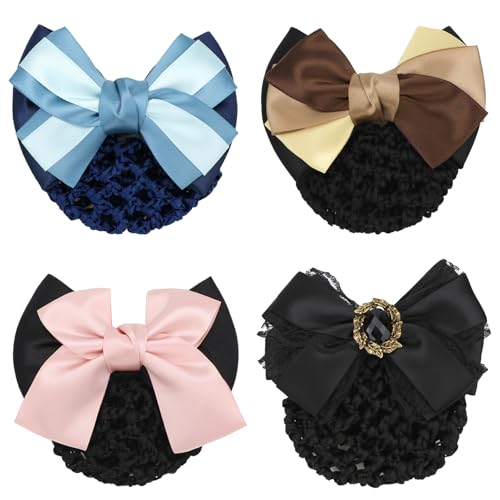 kilofly 4pc Two-Way Bow Barrette Hair Clip Bun Cover Set E