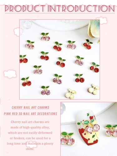 Wsimily 40Pcs Cherry Nail Art Charms - 3D Rhinestone Decorations