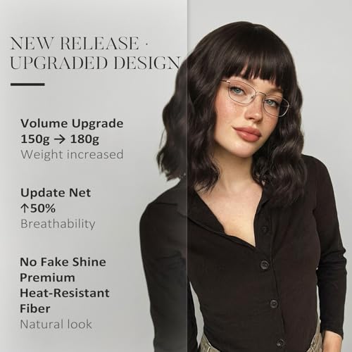 Lumitressa Brown Wavy Bob Wig with Bangs - 14 Inch Shoulder Length Synthetic Hair for Women
