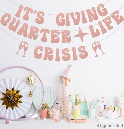 Quarter Life Crisis Banner for 25th Birthday Party - Rose Gold Glitter