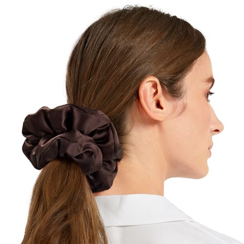 LILYSILK Jumbo Mulberry Silk Scrunchie - Oversized Hair Tie, Dark-Coffee