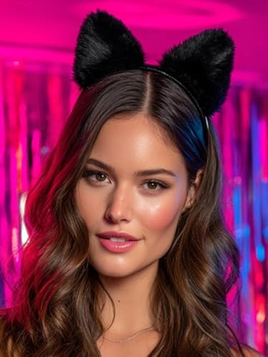 Catery Black Fuzzy Cat Ears Headband Halloween Costume Accessory for Women