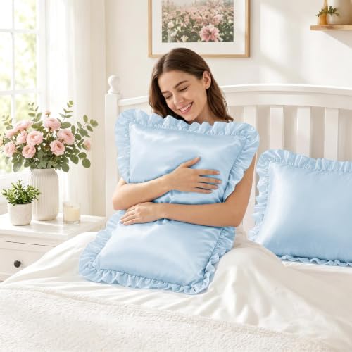 SiinvdaBZX Baby Blue Ruffled Satin Pillowcase Set of 2 | 20x26 Inch