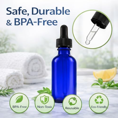 GreenHealth 2oz Cobalt Blue Glass Dropper Bottles Pack of 2 – Travel Size, UV Protection, Refillable for Essential Oils & Serums