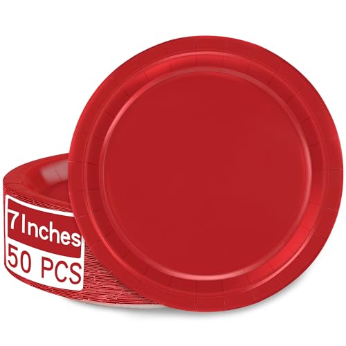 QZYL 50-Pack Heavy Duty 7-Inch Red Disposable Plates