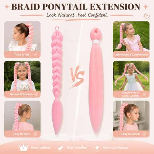 FancyCow 24-Inch Pink Braided Ponytail Extension for Kids & Cosplay