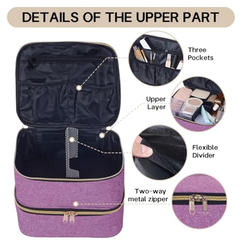 TANPADUAJI Double Layer Makeup Bag with Adjustable Dividers - Purple