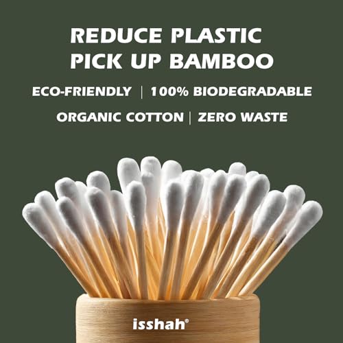 Isshah Double Tips Bamboo Cotton Swabs - 500 Count - FSC Certified | PETA approved bamboo cotton swabs. Plastic free, eco friendly, 100% biodegradable organic cotton. Double tipped design.