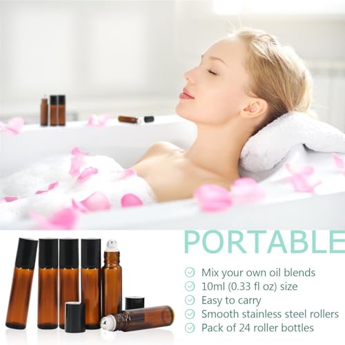 Mavogel 24-Pack 10ml Amber Glass Roller Bottles with Stainless Steel Balls