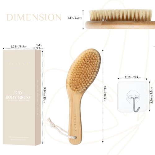 ROSENA Dry Body Brush with Curved Handle & Natural Bristles - Exfoliating Skin Care Tool