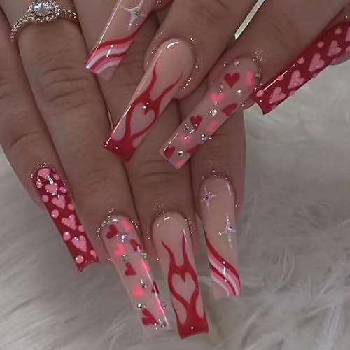 Hkanlre Long Fake Nails Tips 24P Full Cover Heart Design for Women