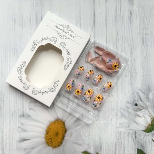 Diowino Short Press-On Nails with Flower & Insect Design, Sunflower & Bee Acrylic Manicure Tips, 24 pcs