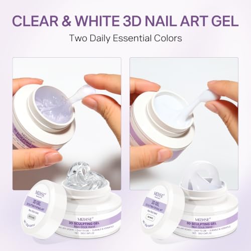 MIZHSE 2x30g 3D Nail Gel Kit with Sculpture Pen – Clear + White