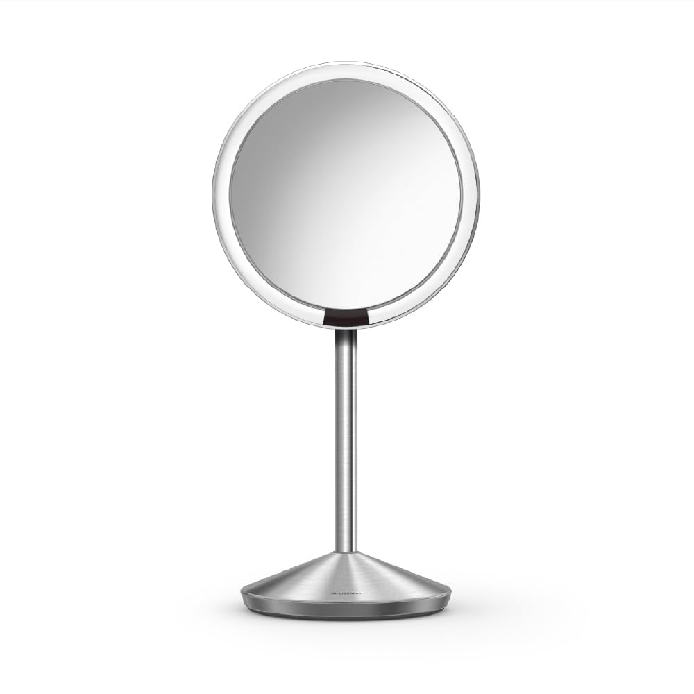 simplehuman 5" Round Rechargeable Mini Travel Sensor Makeup Mirror (2014 Model, Discontinued), 10x Magnification, Brushed Stainless Steel